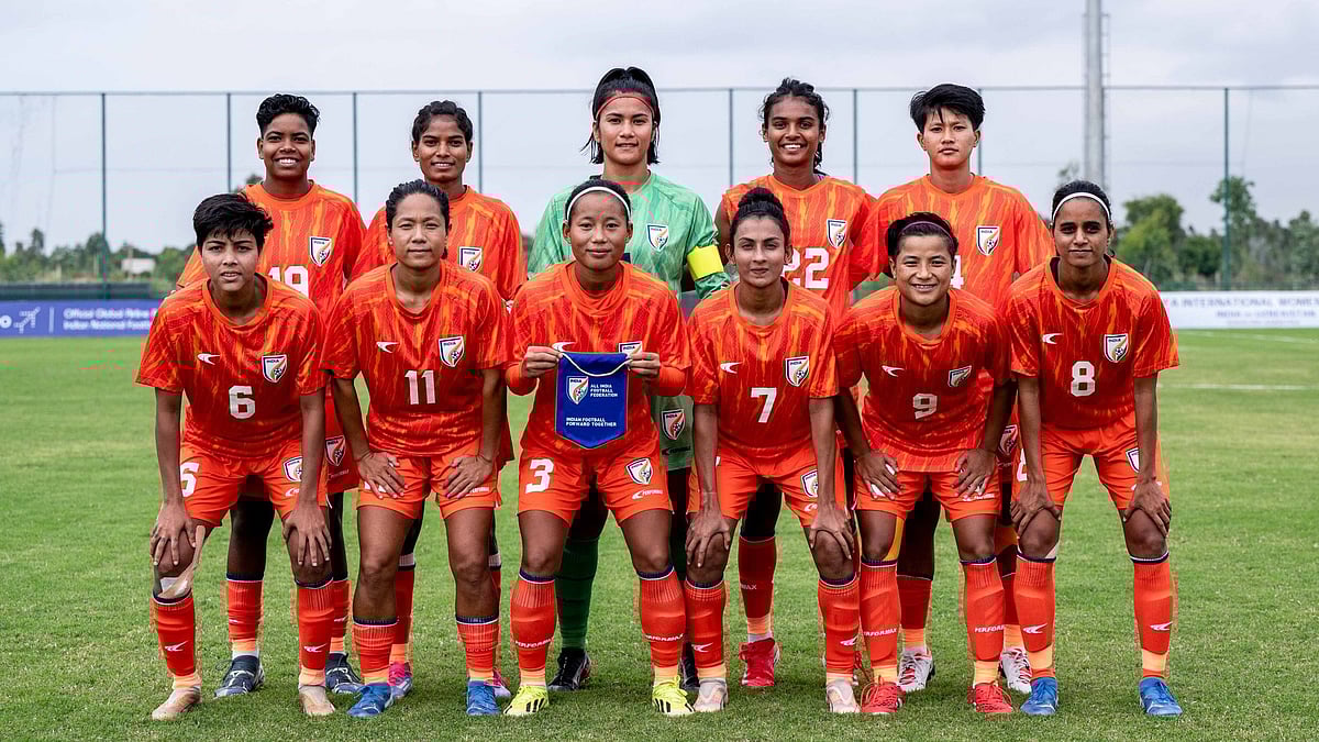 | Photo: X/IndianFootball : Indian women's football team poses for team photograph before the international women's friendly match against Uzbekistan in Bengaluru.