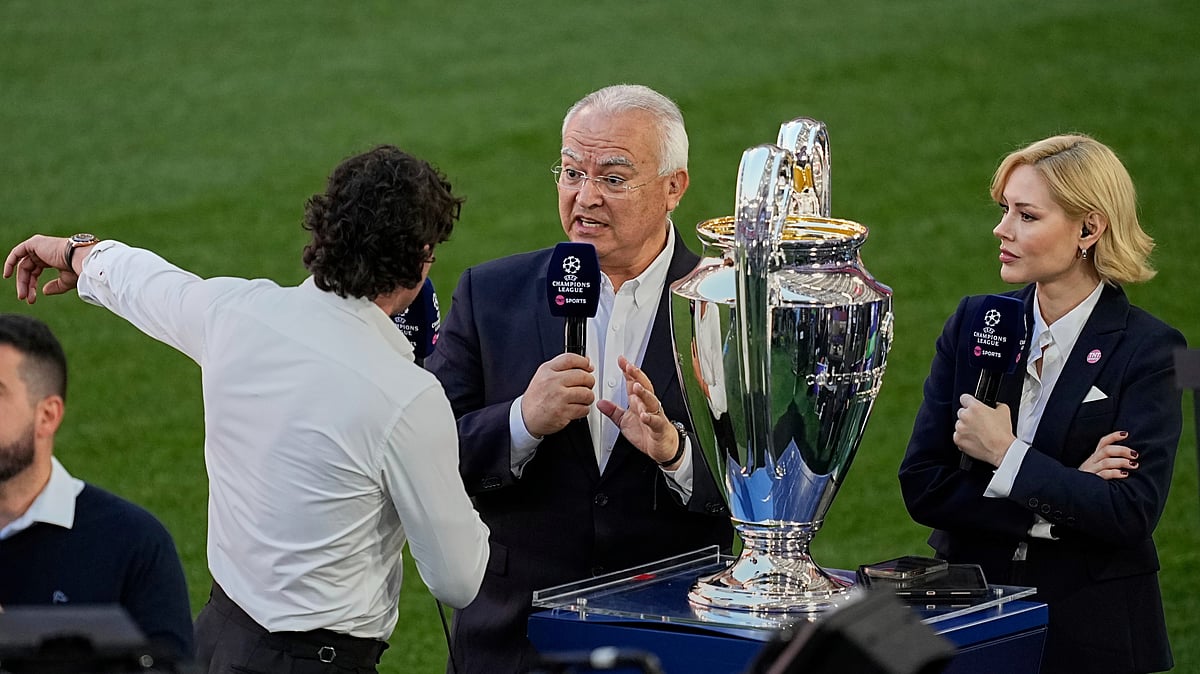 AP/Martin Meissner : The UEFA Champions League trophy is displayed on the field during a training session ahead of the 2025 final match between Paris Saint-Germain and Inter Milan in Munich, Germany on May 30, 2025. 