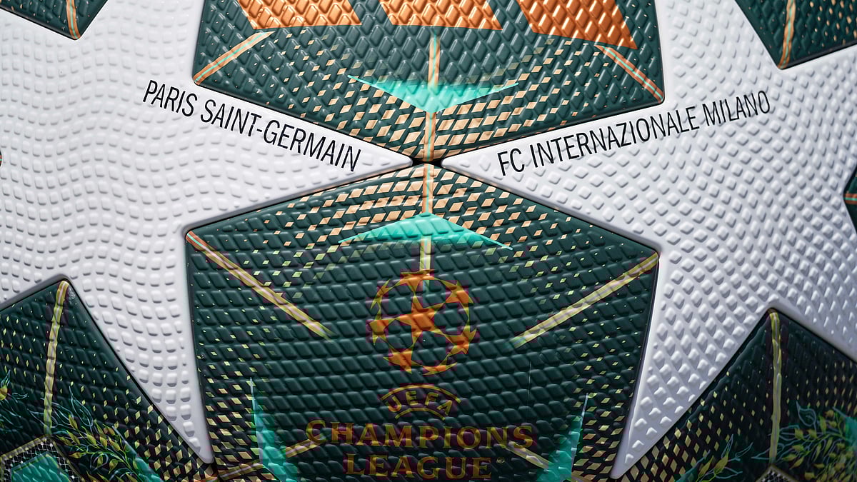 AP/Matthias Schrader : A large replica of the official match ball is placed at the Allianz Arena grounds on the eve of the UEFA Champions League 2025 final. Paris Saint-Germain take on Inter Milan in the UCL final on May 31, 2025.
