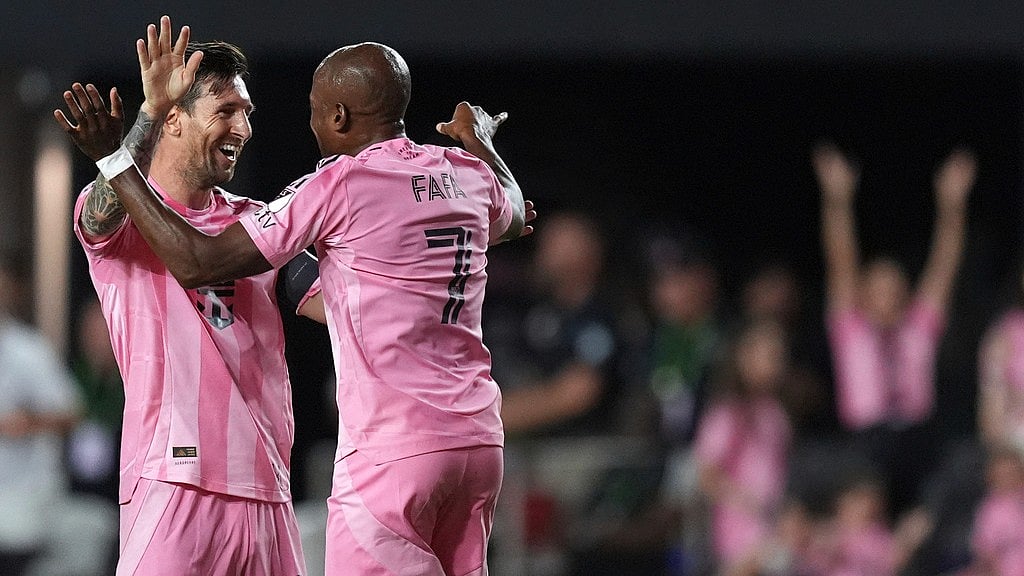 AP/Rebecca Blackwell : Inter Miami forward Lionel Messi, left, celebrates with Inter Miami midfielder Fafa Picault (7) after Picault scored the side's fifth goal against Columbus Crew during the second half of an MLS soccer match.