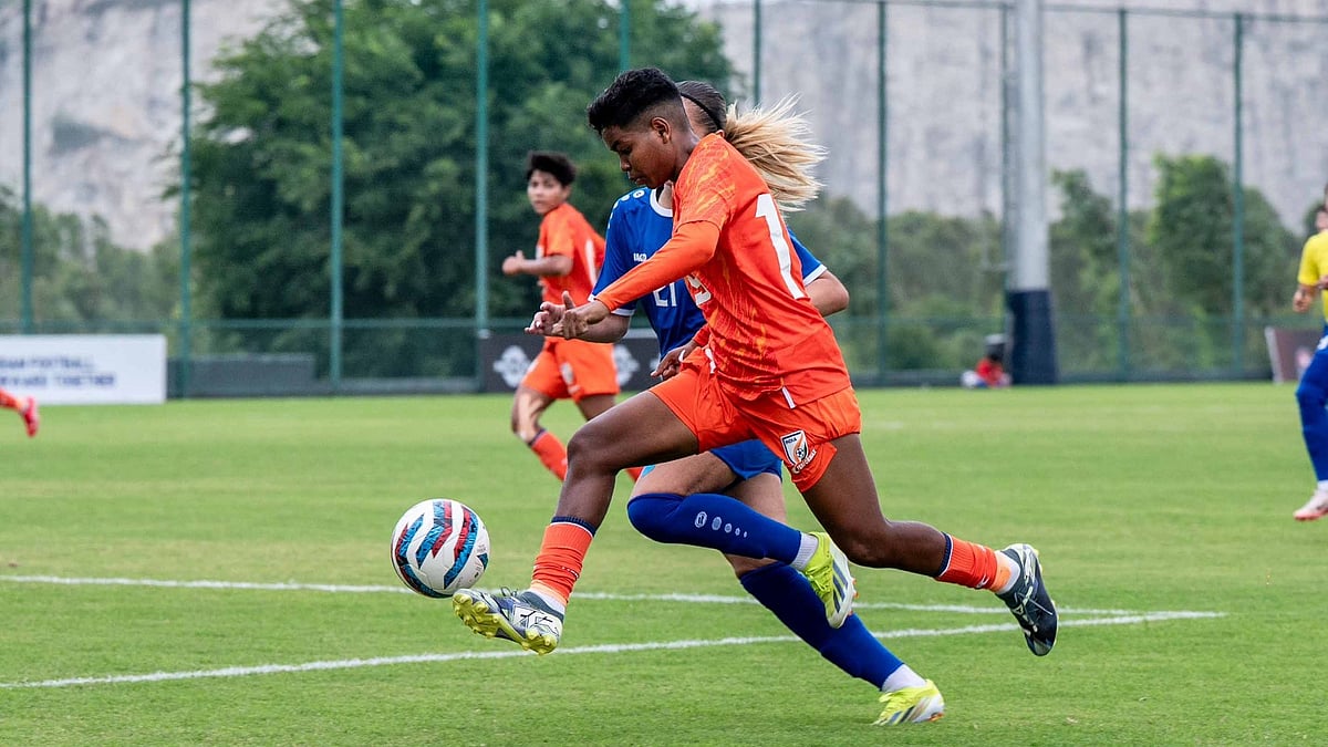 | Photo: X/IndianFootball : India's Manisha Naik playing against Uzbekistan in the first FIFA international women's friendly match on 30 May.