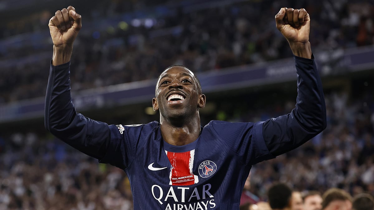 Ousmane Dembele celebrates Paris Saint-Germain's Champions League triumph.