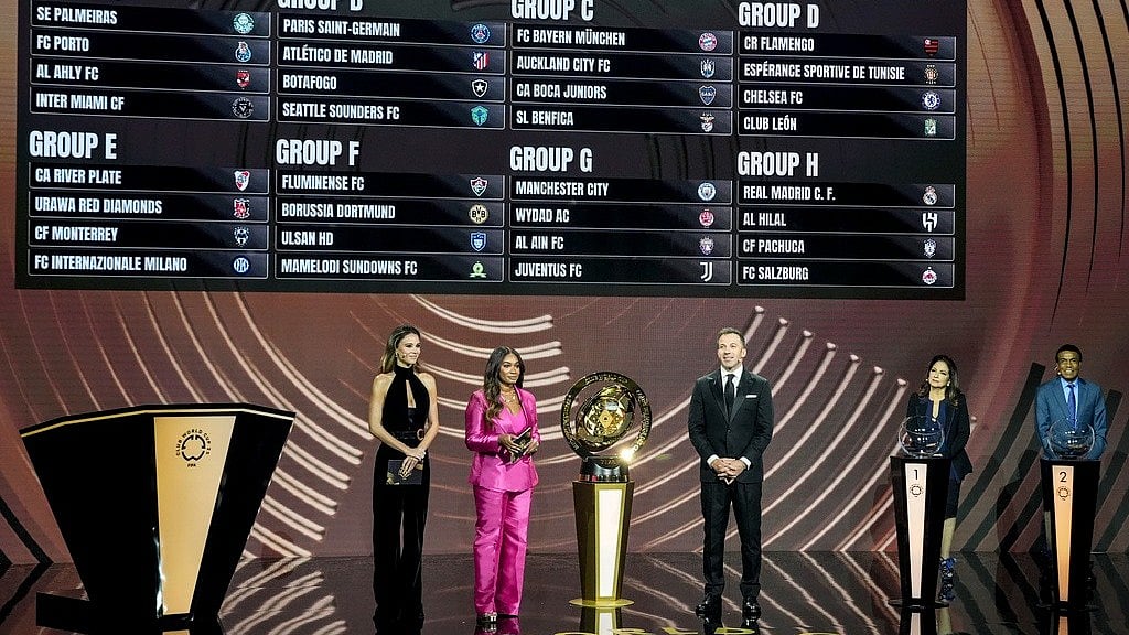 (AP Photo/Rebecca Blackwell, File) : Presenter Samantha Johnson speaks on stage during the draw for the 2025 FIFA Club World Cup soccer tournament, Thursday, Dec. 5, 2024, in Miami.