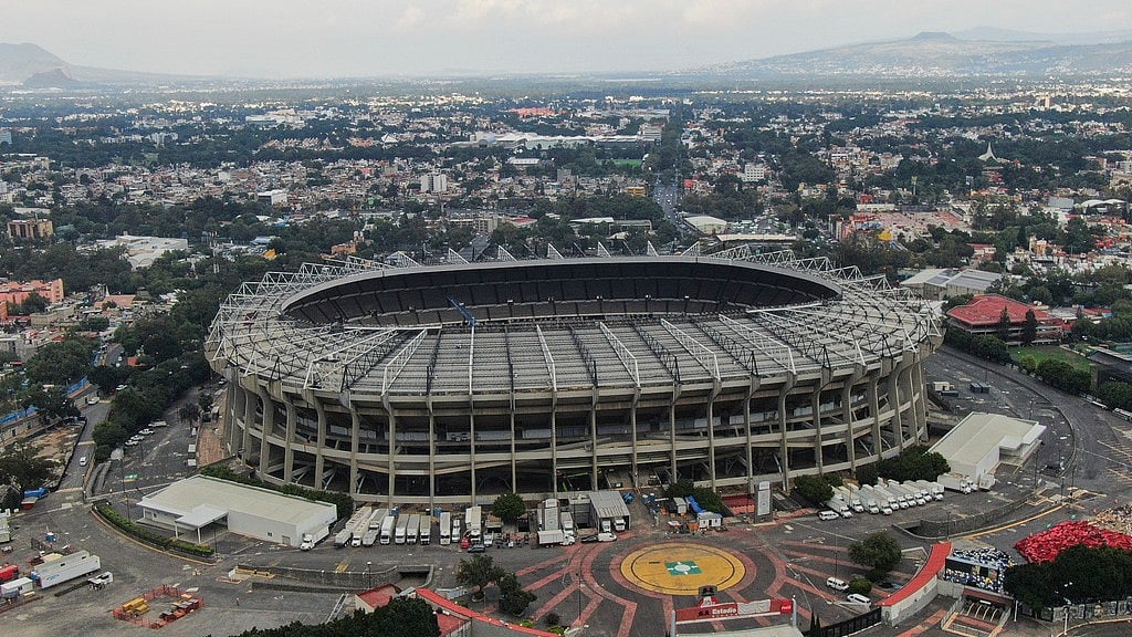 AP/Fernando Llano : An areal view of the Azteca Stadium in Mexico City, Wednesday, June 11, 2025. A hybrid field, updated locker rooms, elevators and hospitality zones are among the new added features of the stadium in preparation for the 2026 World Cup. 