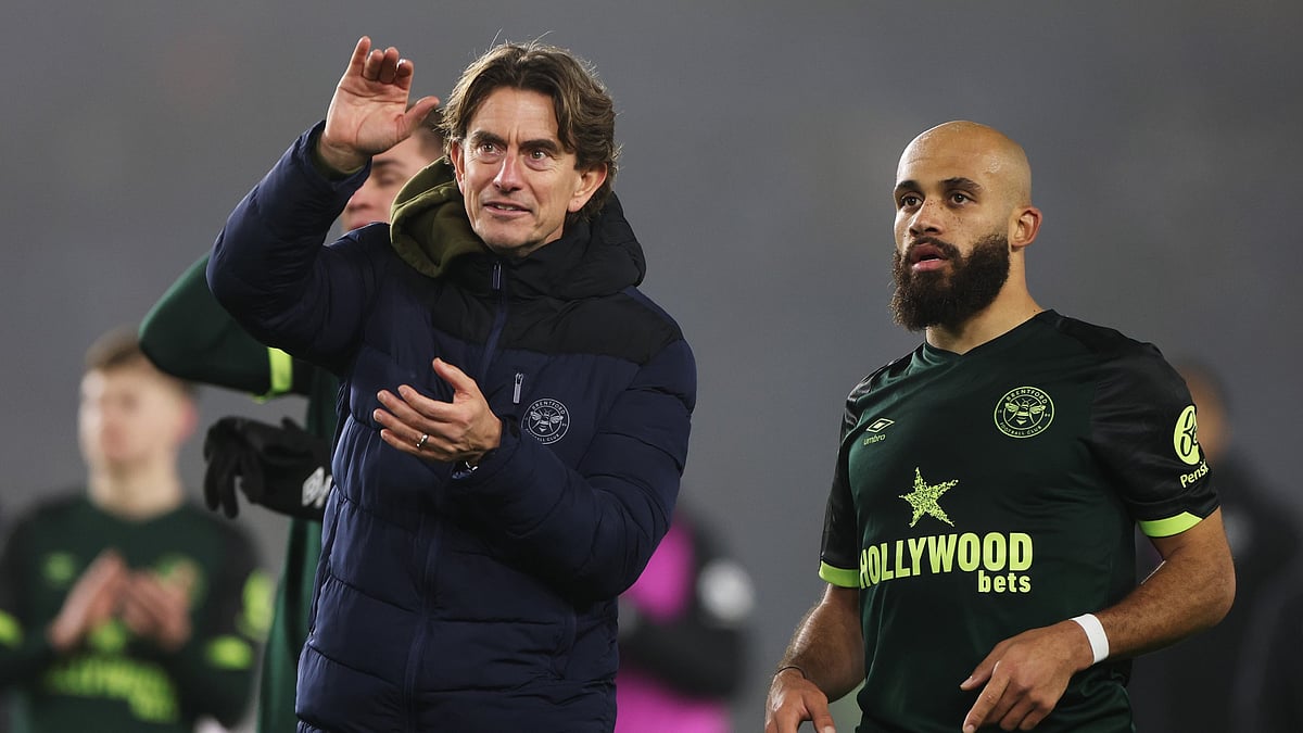 Former Brentford head coach Thomas Frank and Bryan Mbeumo