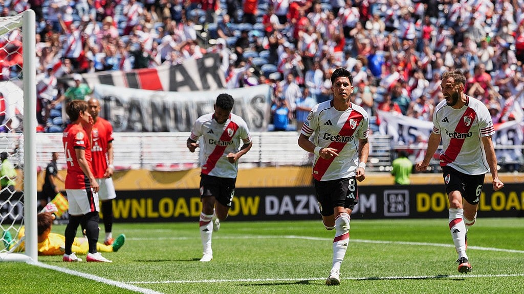Photo: AP : River Plate's Maximiliano Meza (8) celebrates after scoring his side's third goal during the FIFA Club World Cup group E match against Urawa Red Diamonds in Seattle.