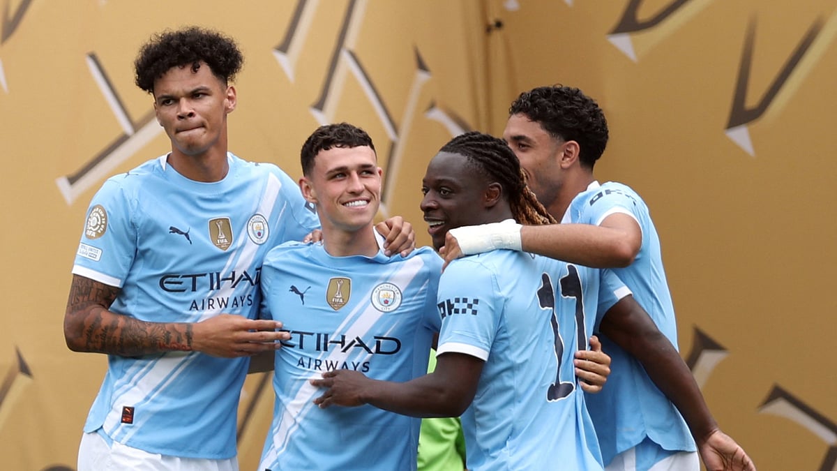 Phil Foden celebrates in Man City's win