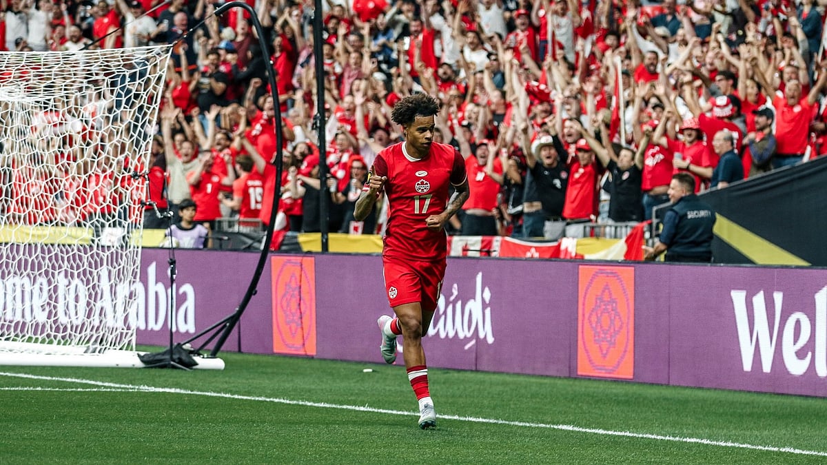 | Photo: X/CanadaSoccerEN : Canada vs Honduras, Concacaf Gold Cup 2025: Tajon Buchanan celebrates after scoring.