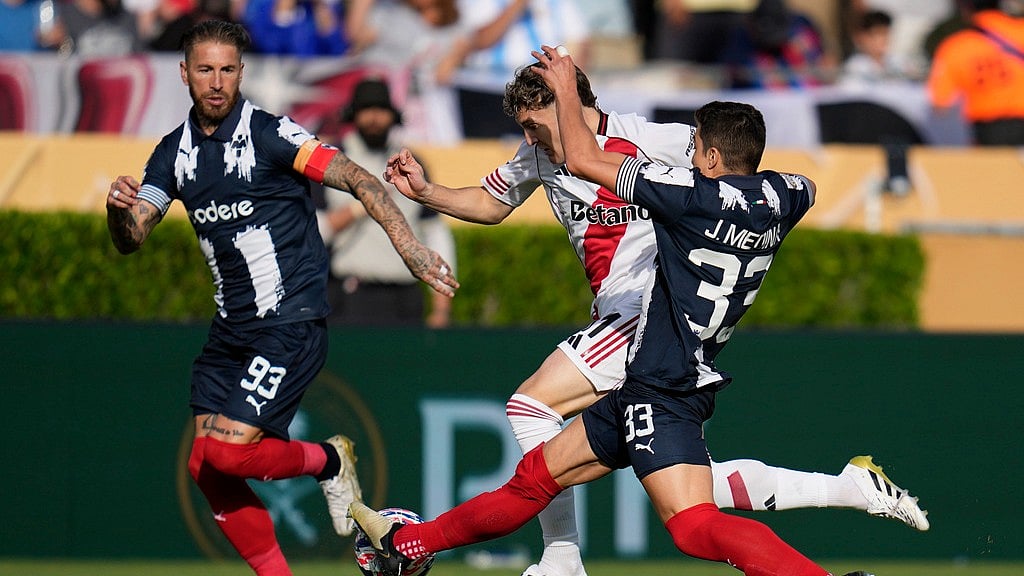 | Photo: AP : Urawa Red Diamonds vs Monterrey, FIFA Club World Cup 2025: River Plate's Facundo Colidio, Monterrey's Sergio Ramos, and Stefan Medina battle for the ball during the Club World Cup Group E soccer match.