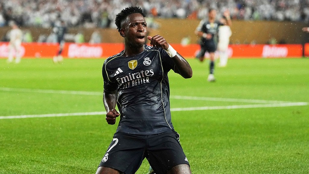 AP/Matt Slocum : Vinicius Jr celebrates a goal for Real Madrid against Salzburg.