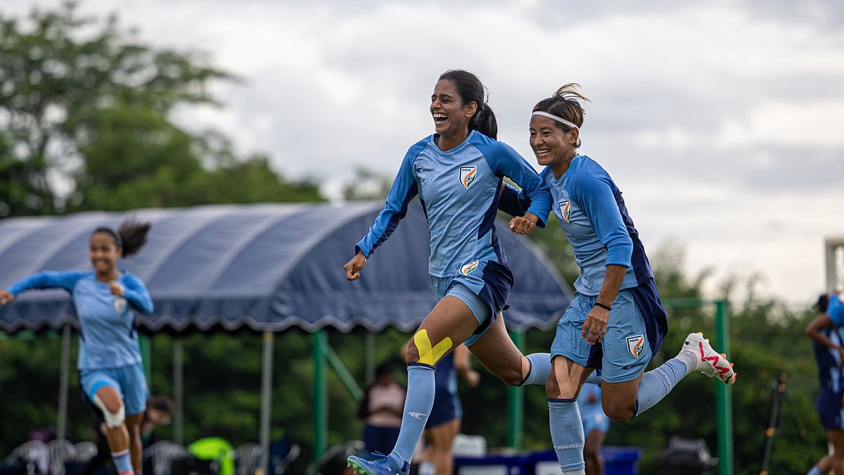 Photo: X | Indian Football Team : AFC Women’s Asian Cup 2026 Draws: Indian women's national football team players celebrating a win.