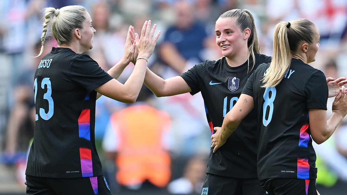 Ella Toone celebrates after scoring her second goal against Jamaica