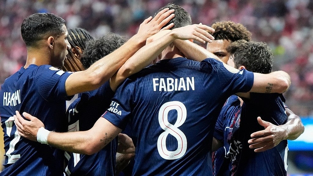 Photo: AP : PSG players celebrate a goal at the FIFA Club World Cup.