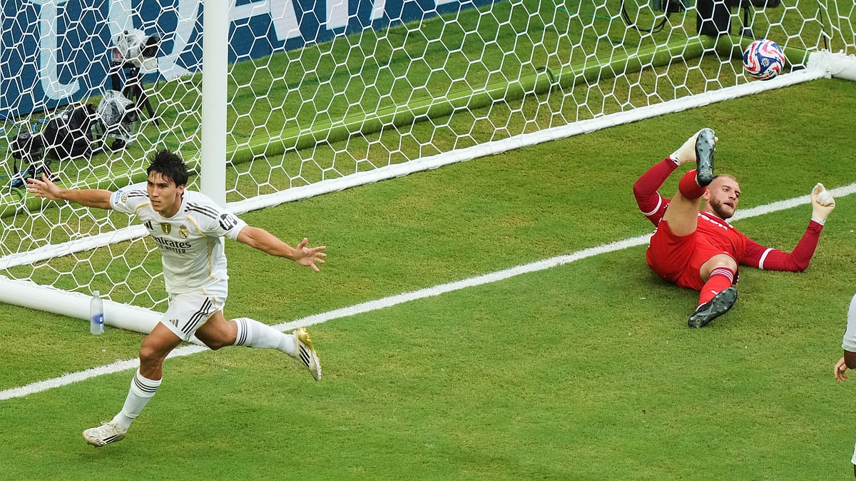 | Photo: AP/Marta Lavandier : Real Madrid vs Juventus, FIFA Club World Cup 2025: Gonzalo Garcia celebrates after scoring his side's opening goal during the Club World Cup round of 16 soccer match between Real Madrid and Juventus in Miami Gardens, Fla., Tuesday, July 1, 2025.