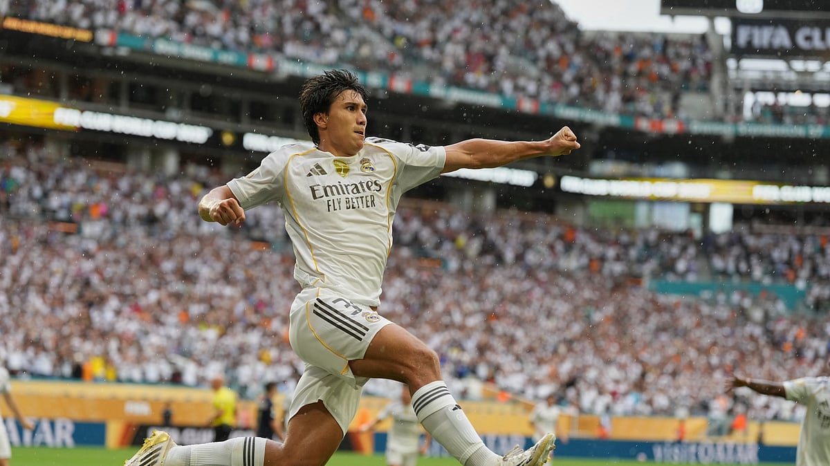 AP Photo/Rebecca Blackwell : Real Madrid's Gonzalo Garcia celebrates after scoring during the Club World Cup round of 16 football match between Real Madrid and Juventus in Miami Gardens.