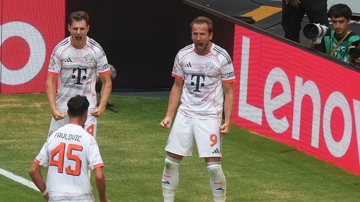 AP Photo/Marta Lavandier : Bayern Munich's Harry Kane celebrates scoring his side's 4th goal during the Club World Cup round of 16 football match between CR Flamengo and Bayern Munich in Miami Gardens.