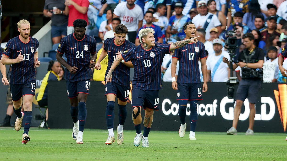 | Photo: AP/Scott Kane : USA vs Guatemala, CONCACAF Gold Cup 2025: United States midfielder Diego Luna celebrates after scoring a goal during the first half of a CONCACAF Gold Cup semifinal soccer match against Guatemala, Wednesday, July 2, 2025, in St. Louis.