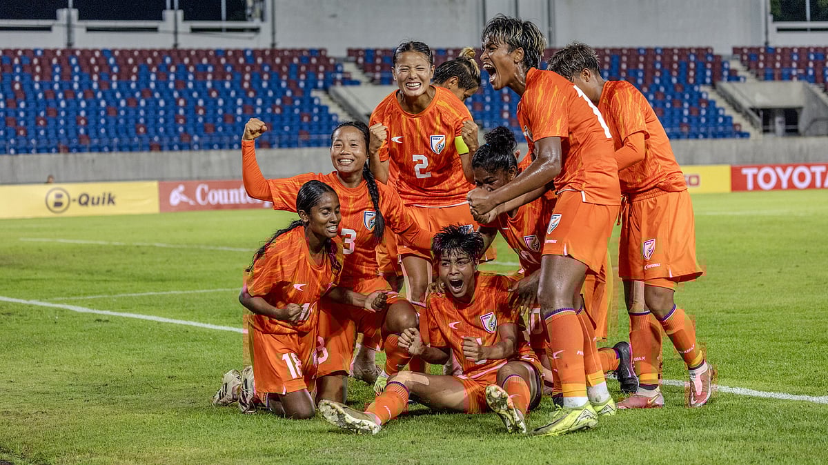 AIFF Media : India celebrate their 2-1 win over Thailand and subsequent qualification for the AFC Women's Asian Cup Finals.