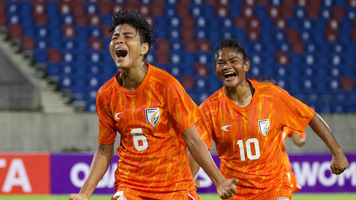 | Photo: X/IndianFootball : India vs Thailand, AFC Women’s Asian Cup 2026 Qualifiers: Sangita Basfore celebrates after scoring against Thailand.