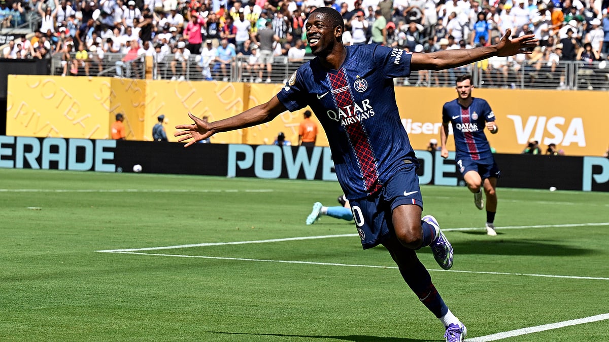 Ousmane Dembele celebrates after scoring against Real Madrid
