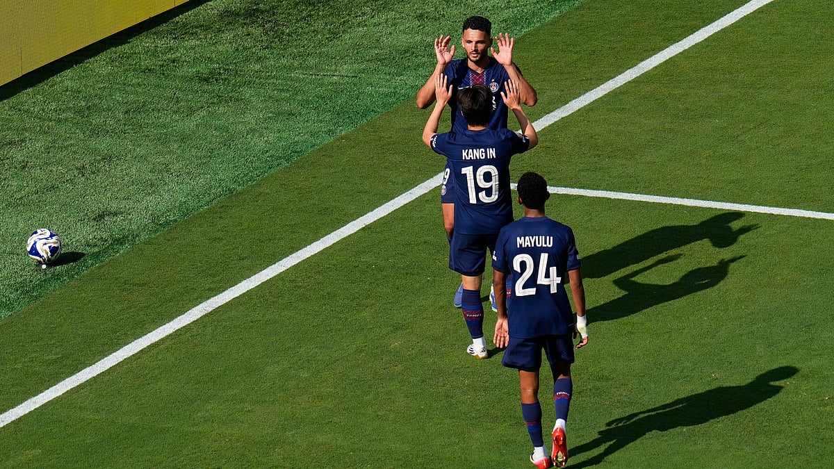 | Photo: AP/Pamela Smith : Chelsea vs PSG, FIFA Club World Cup 2025: Goncalo Ramos celebrates his goal with Lee Kang-in and Senny Mayulu during the Club World Cup semifinal soccer match between PSG and Real Madrid in East Rutherford, N.J., Wednesday, July 9, 2025.