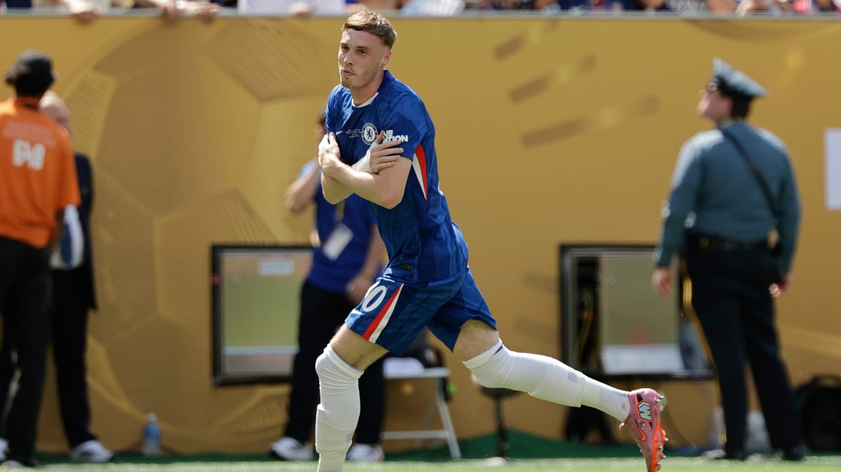 | Photo: AP/Adam Hunger : Chelsea vs PSG Live Score, FIFA Club World Cup 2025: Chelsea's Cole Palmer celebrates after scoring his side's opening goal during the Club World Cup final soccer match between Chelsea and PSG in East Rutherford, N.J., Sunday, July 13, 2025.