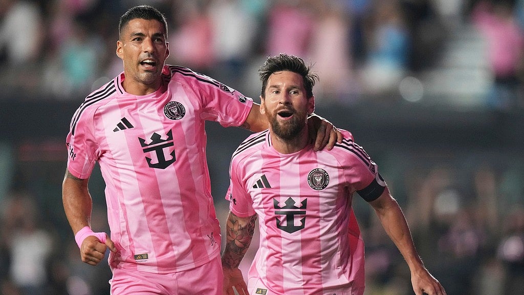 AP/Lynne Sladky : Inter Miami forward Lionel Messi, right, celebrates with Luis Suarez, left, after scoring a goal during the second half of an MLS soccer match against Nashville SC, Saturday, July 12, 2025, in Fort Lauderdale, Fla.