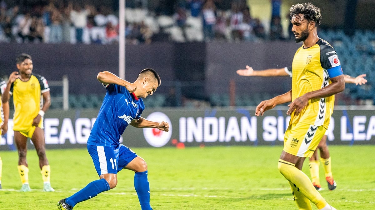 Photo: PTI : India men's football team and Bengaluru FC captain Sunil Chhetri celebrating a goal in the ISL 2024-25.