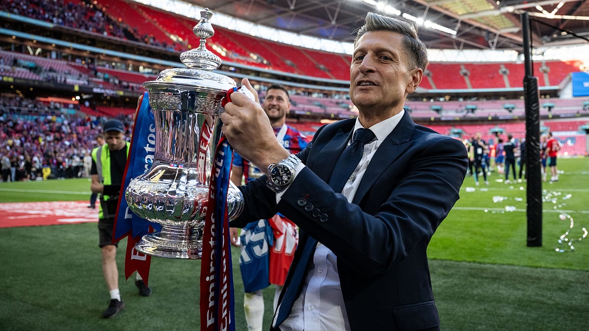 Steve Parish holds the FA Cup trophy at Wembley