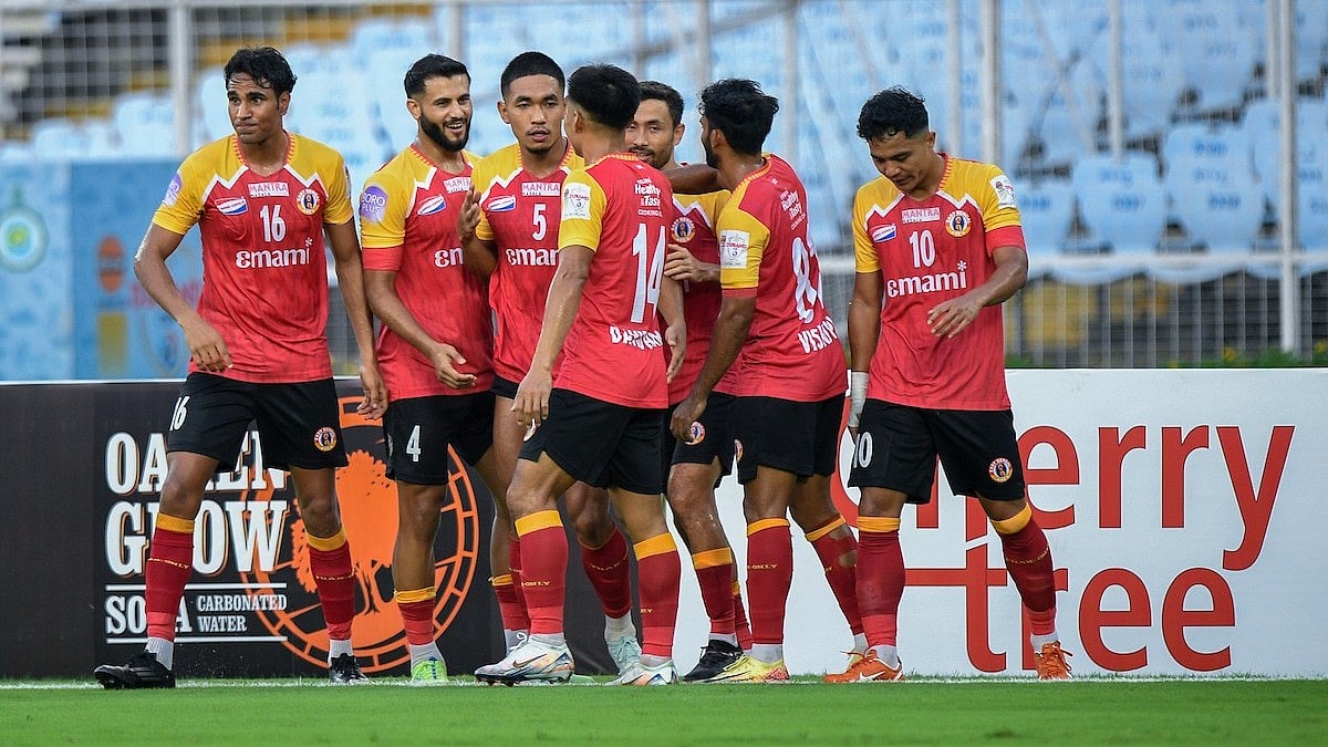 | Photo: Durand Cup : East Bengal vs South United, Durand Cup 2025: East Bengal players celebrate after Lalchungnunga's goal in the Group A fixture against South United FC.