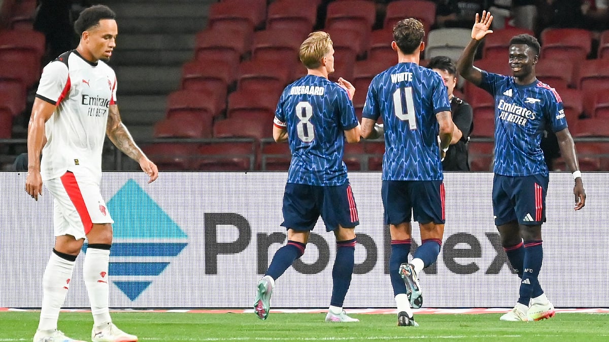 File : Arsenal vs AC Milan: Bukayo Saka celebrates after scoring against Milan in the pre-season friendly match in Singapore.