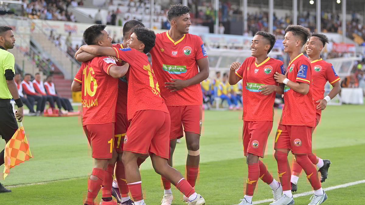 | Photo: Durand Cup : Shillong Lajong vs Malaysian Armed Forces, Durand Cup 2025: Shillong Lajong players celebrate after scoring a goal in the Group E fixture.