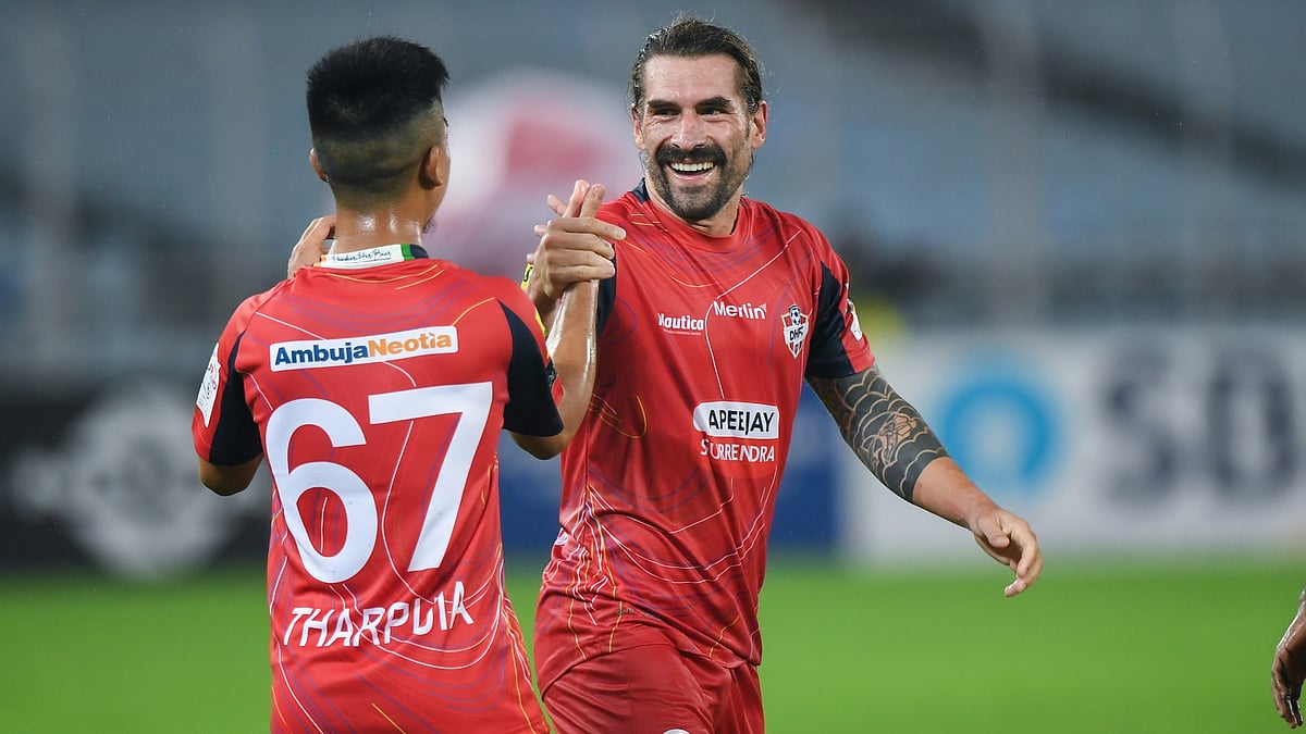 | Photo: Durand Cup. : Mohammedan SC vs Diamond Harbour, Durand Cup 2025: Luka Majcen celebrates with teammate Tharpuia after scoring in the Group B fixture.