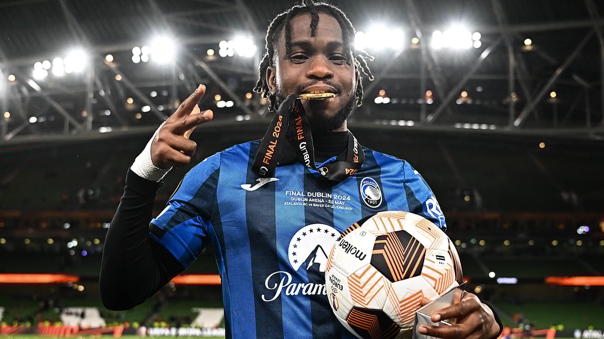 File : File photo of Ademola Lookman with the UEFA Europa League 2023-24 match ball for Atalanta.