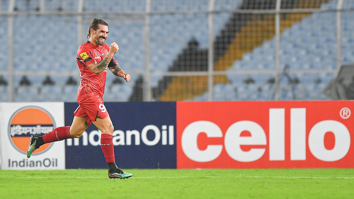 | Photo: Durand Cup : Diamond Harbour FC Vs BSF FT LIVE Score, Durand Cup 2025: Luka Majcen celebrates after scoring in the Group B fixture.
