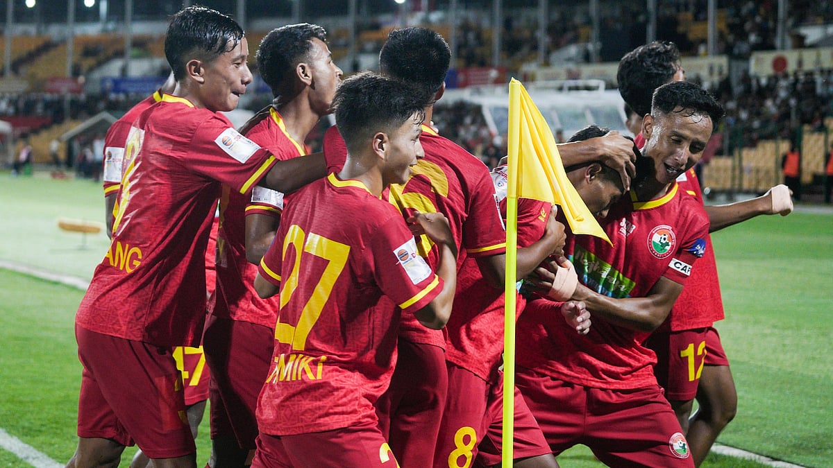 | Photo: Durand Cup : Shillong Lajong vs Rangdajied United, Durand Cup 2025: Damait Lyngdoh celebrates with his teammate after scoring in the Group E fixture.
