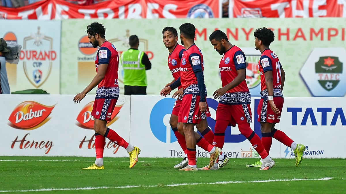 | Photo: Durand Cup : Jamshedpur FC vs Indian Army FT, Durand Cup 2025: Sanan Mohammed celebrates with his teammates after scoring in the Group C fixture.
