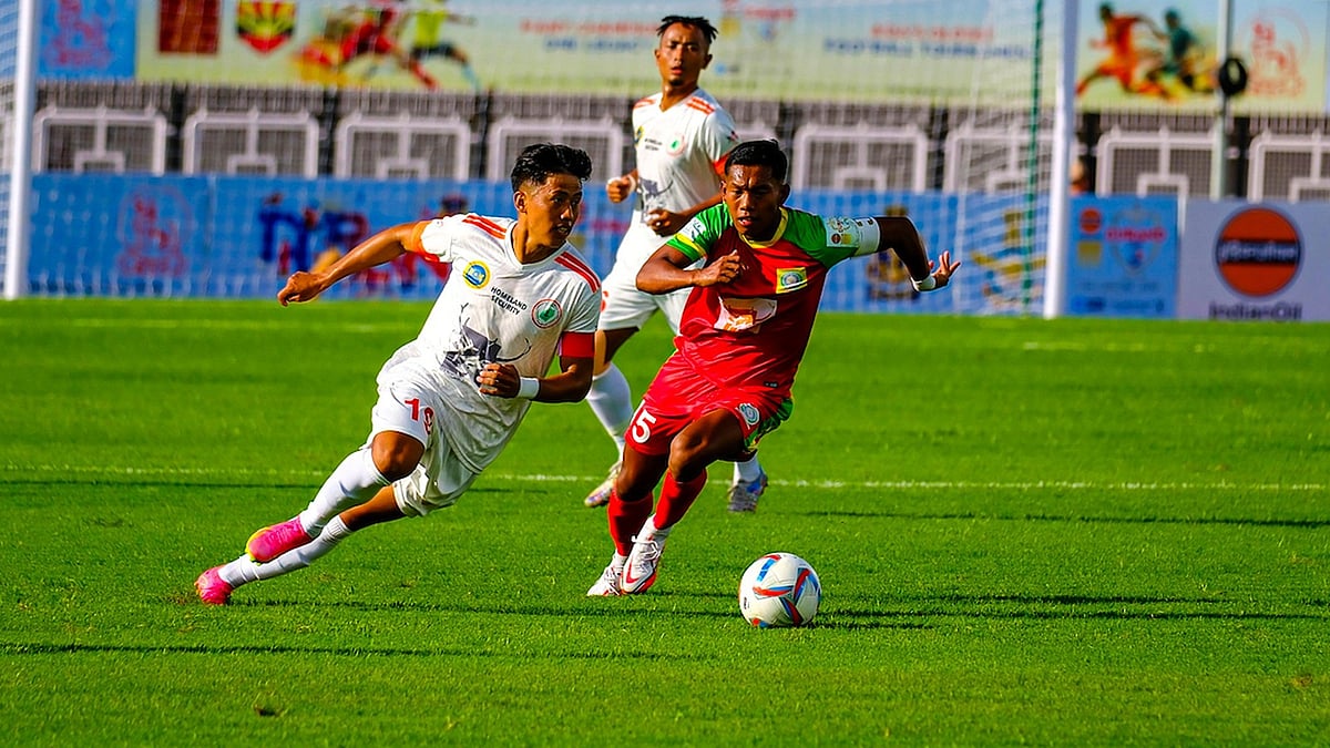 X/Durand Cup : Action from the TRAU FC vs NEROCA FC, Durand Cup 2025 game in Imphal.