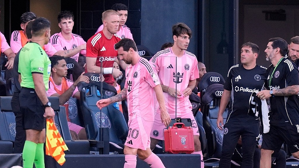 AP : Inter Miami forward Lionel Messi (10) walks off the pitch after leaving the game during the first half of a Leagues Cup match against Necaxa.