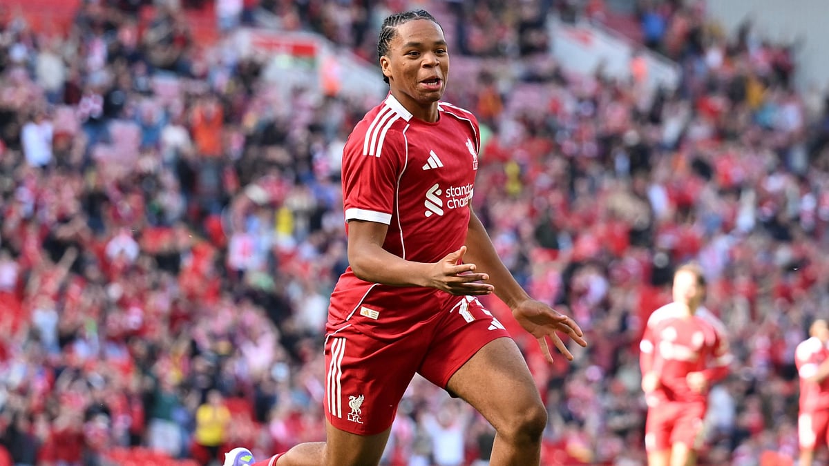 | Photo: X/LFC : Liverpool vs Athletic Bilbao: Rio Ngumoha celebrates after scoring his side's first goal at Anfield on 4 August 2025.
