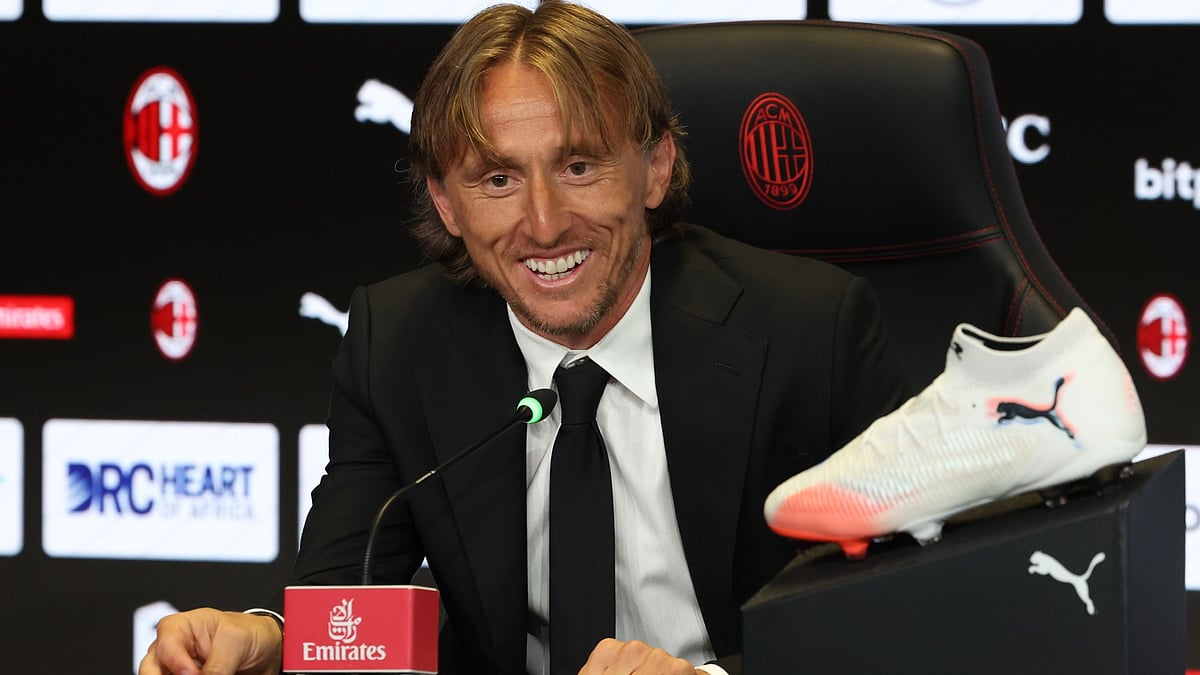Luka Modric speaks to the media at his unveiling as an AC Milan player.