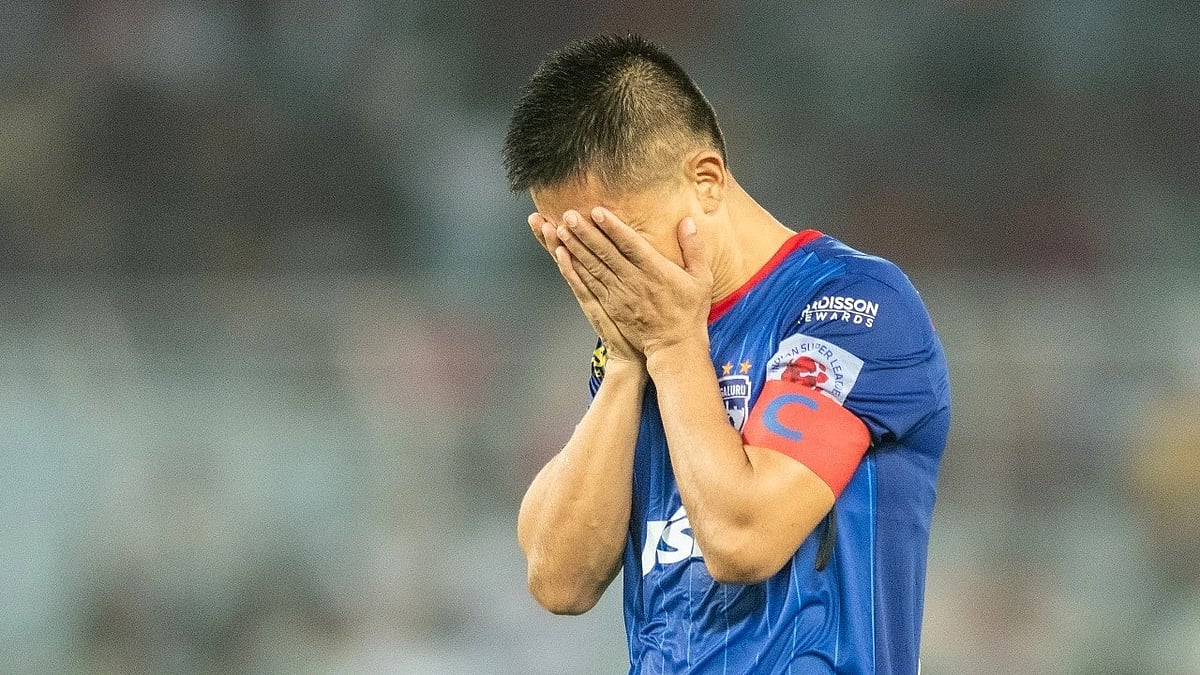 | Photo: FSDL/ISL : Bengaluru FC's Sunil Chhetri reacts after the ISL 2024-25 final match against Bengaluru FC.
