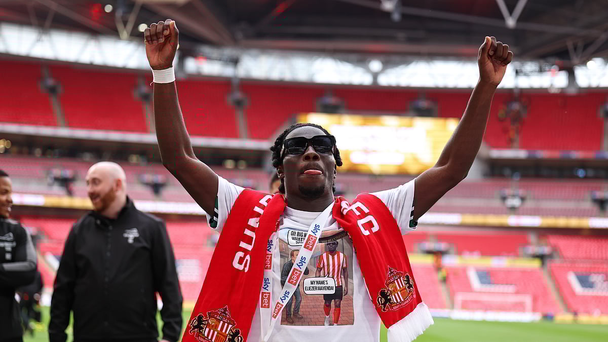 File : File photo of Eliezer Mayenda celebrating the EFL Championship promotion for Sunderland.