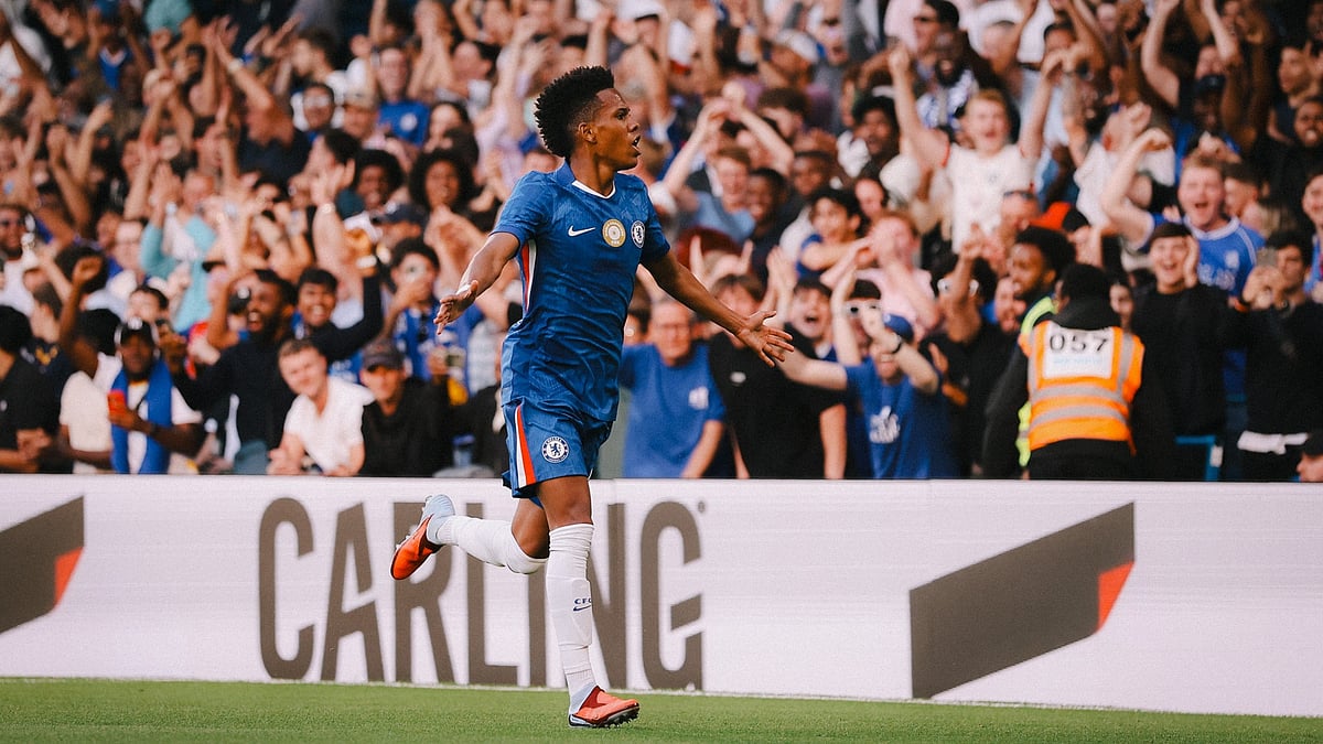 Photo: X | Chelsea FC : Estevao of Chelsea celebrating after his goal against Bayer Leverkusen.