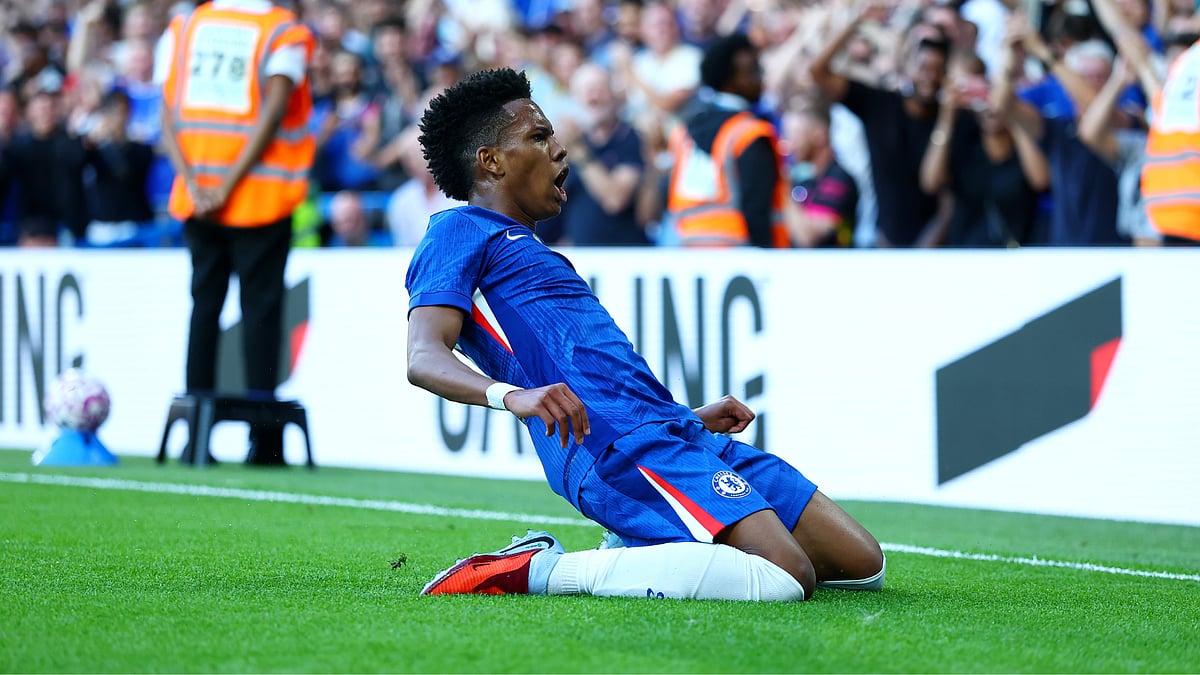 Chelsea's Estevao celebrates his goal against Bayer Leverkusen