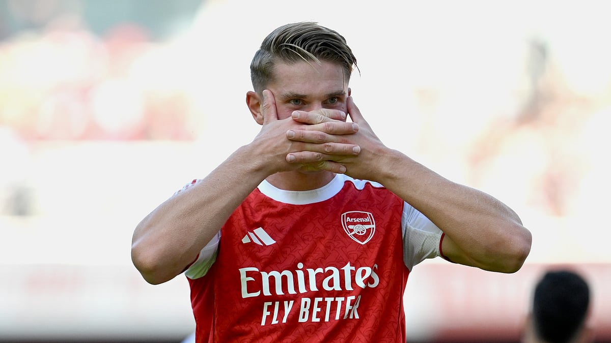 Viktor Gyokeres celebrates netting his first goal for Arsenal.