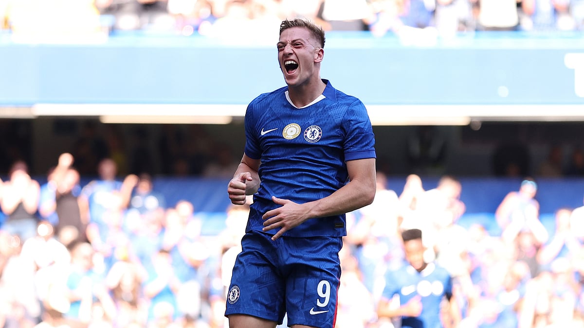 Chelsea's Liam Delap celebrates after scoring in the pre-season friendly match against AC Milan.