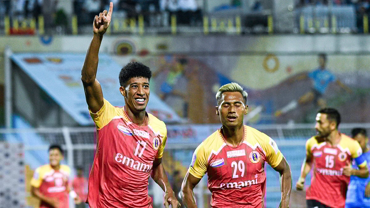 | Photo: Durnad Cup : East Bengal vs Indian Air Force, Durand Cup 2025: Hamid Ahadad celebrates after scoring in the Group A fixture against IAFFT.
