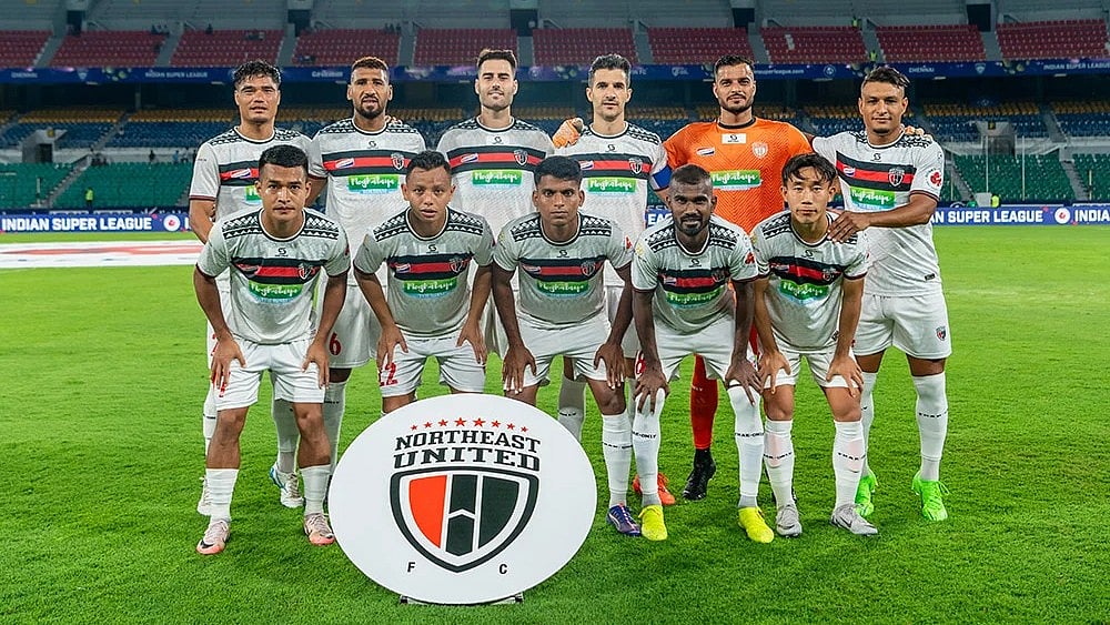 | Photo: FSDL/ISL : NorthEast United FC players lined up for a pre-match photo.
