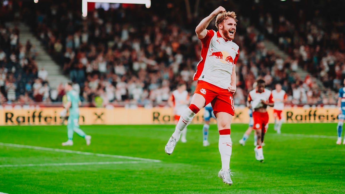 | Photo: X/FCRBS_en : Club Brugge vs RB Salzburg, UEFA Champions League 2025-26 Qualifiers: Yorbe Vertessen celebrates after scoring in the Austrian Bundesliga match against Grazer AK.